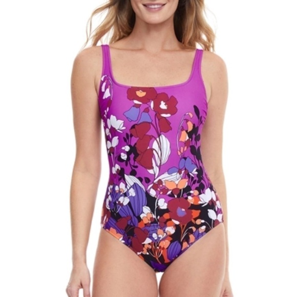 New! Gottex Essentials Floral Art More Coverage Square Neck One Piece Swimsuit - Picture 1 of 8